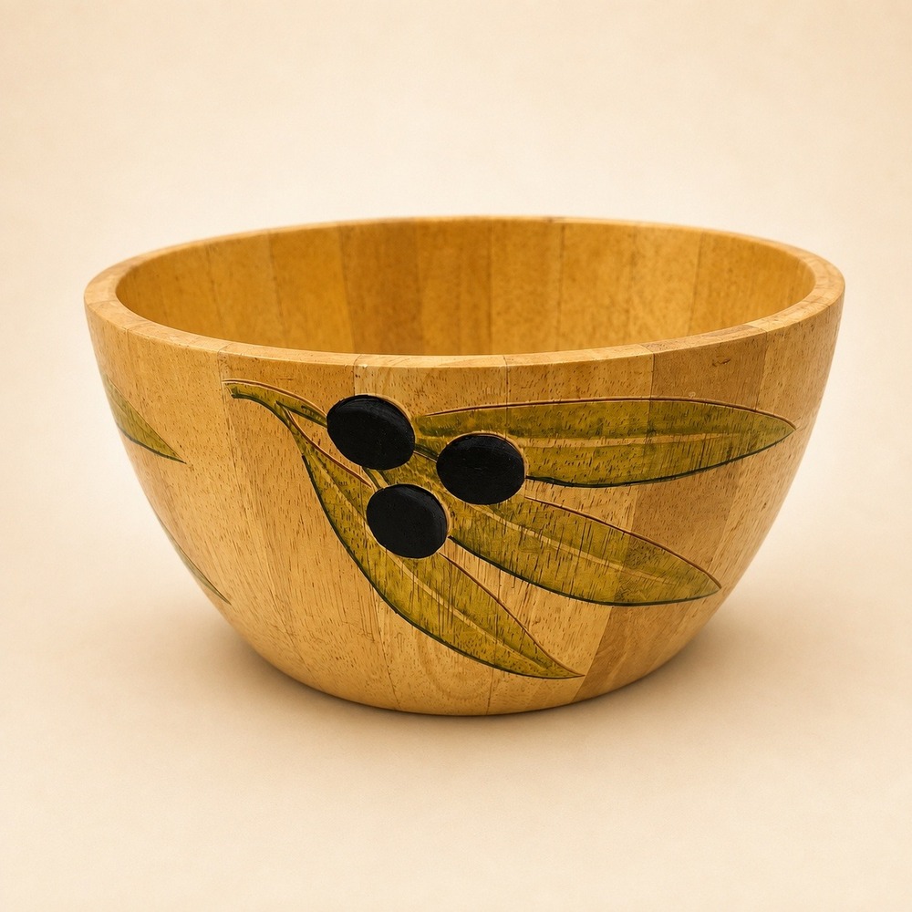 Vintage 2002 Clay Art Handmade Thai Wood Bowl Painted Olive Branch 10 Inch